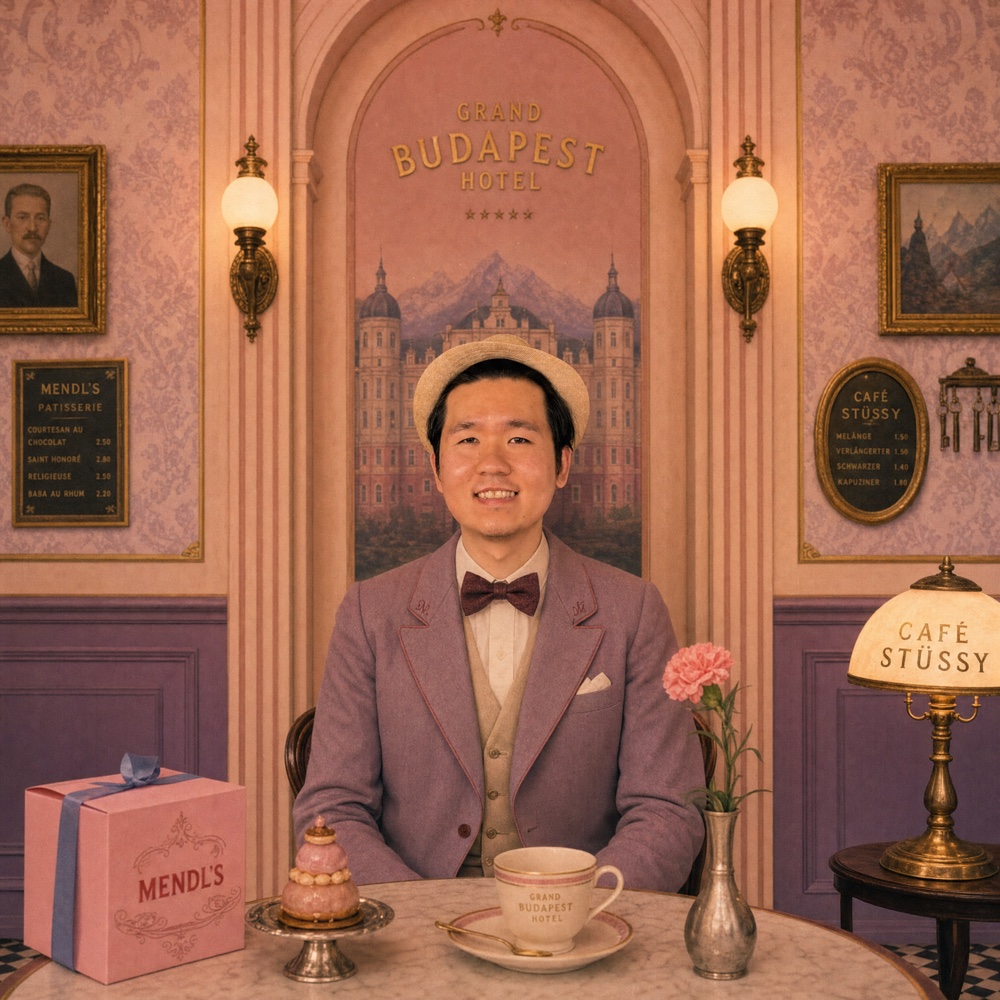 Eric seated in a Grand Budapest inspired cafe