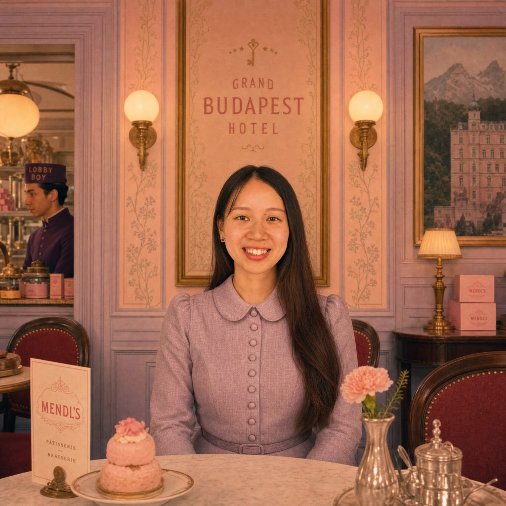 Germaine seated in a Grand Budapest inspired cafe