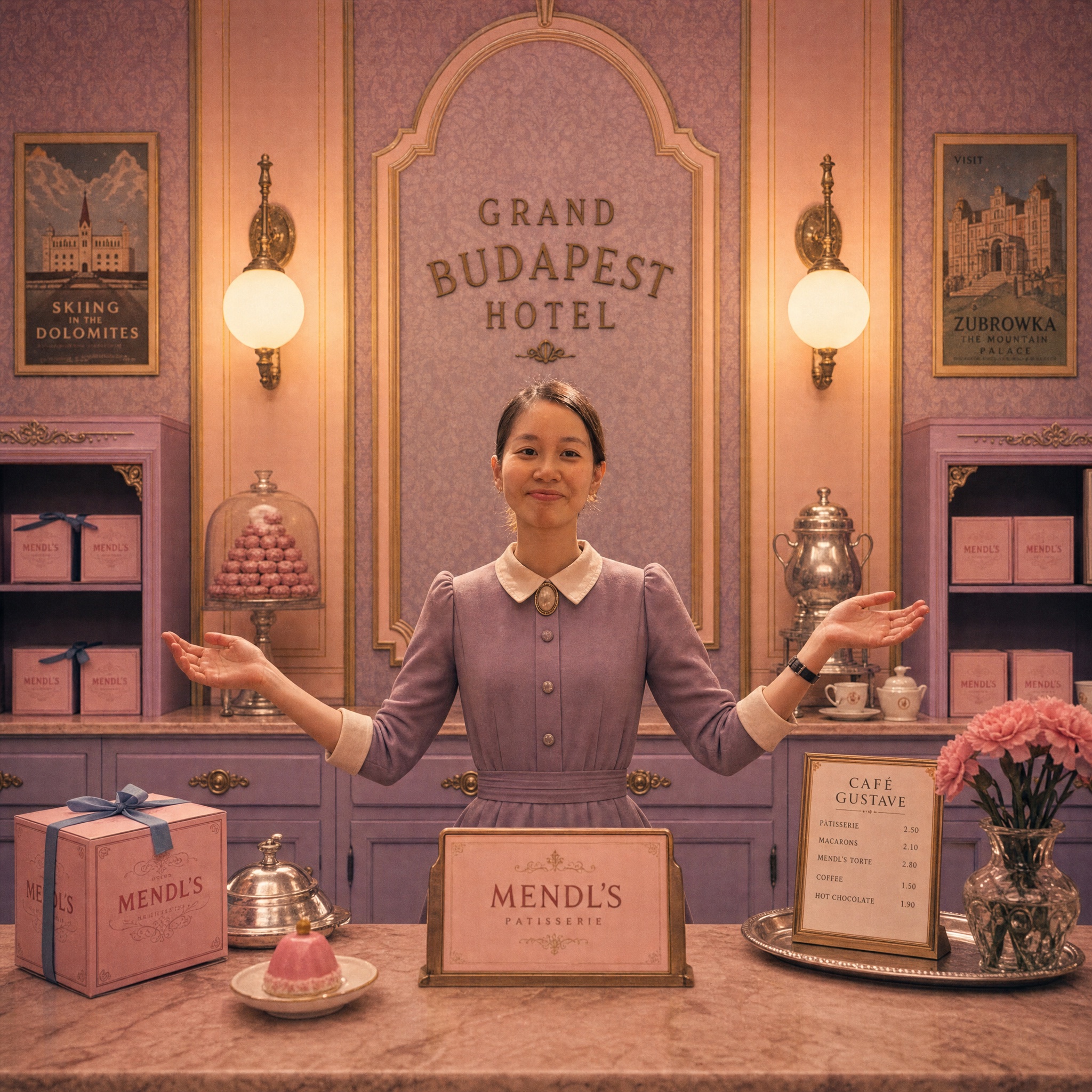 Germaine at a Mendl's-inspired patisserie counter for the wedding invitation