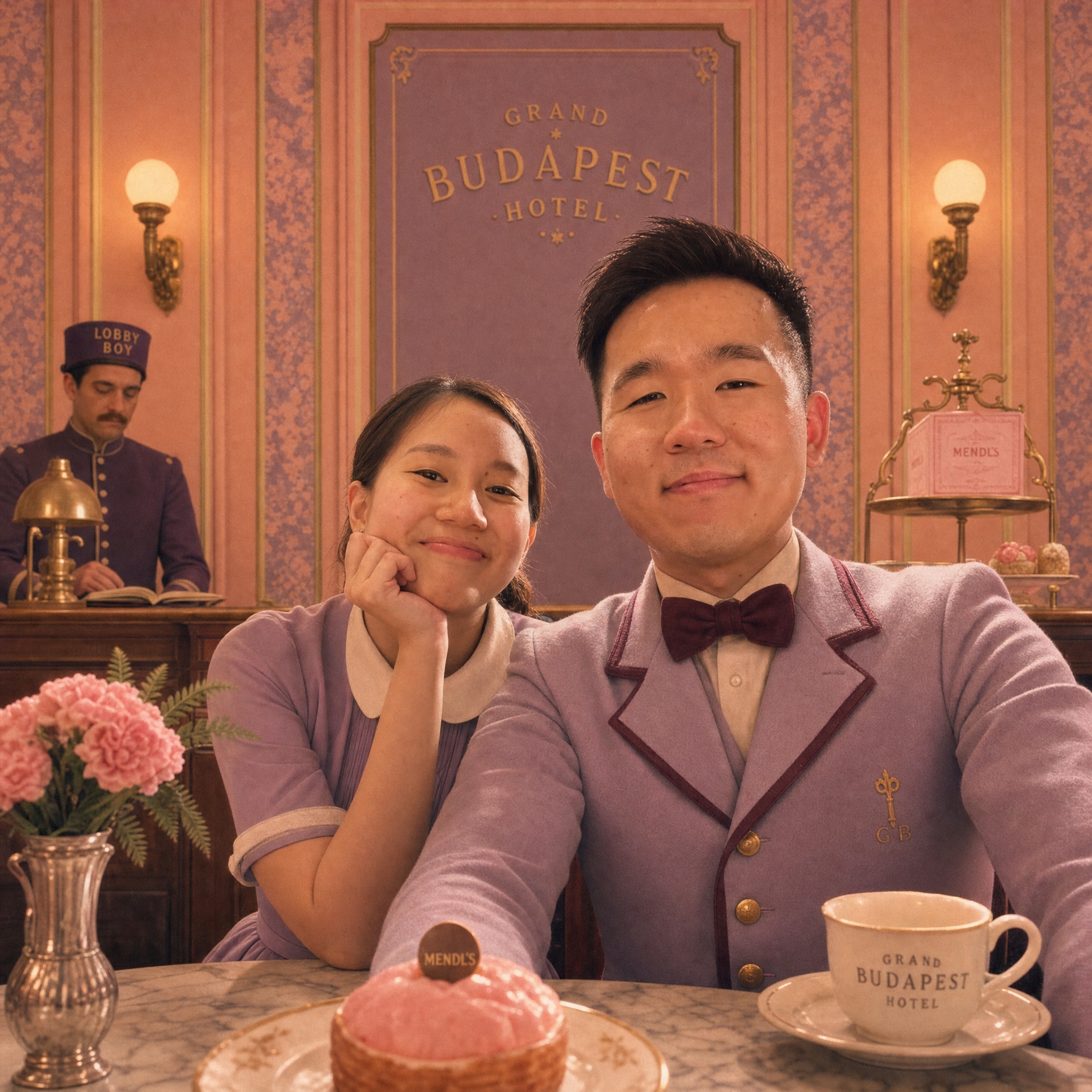 Eric and Germaine in a Grand Budapest-inspired themed portrait for their wedding invitation