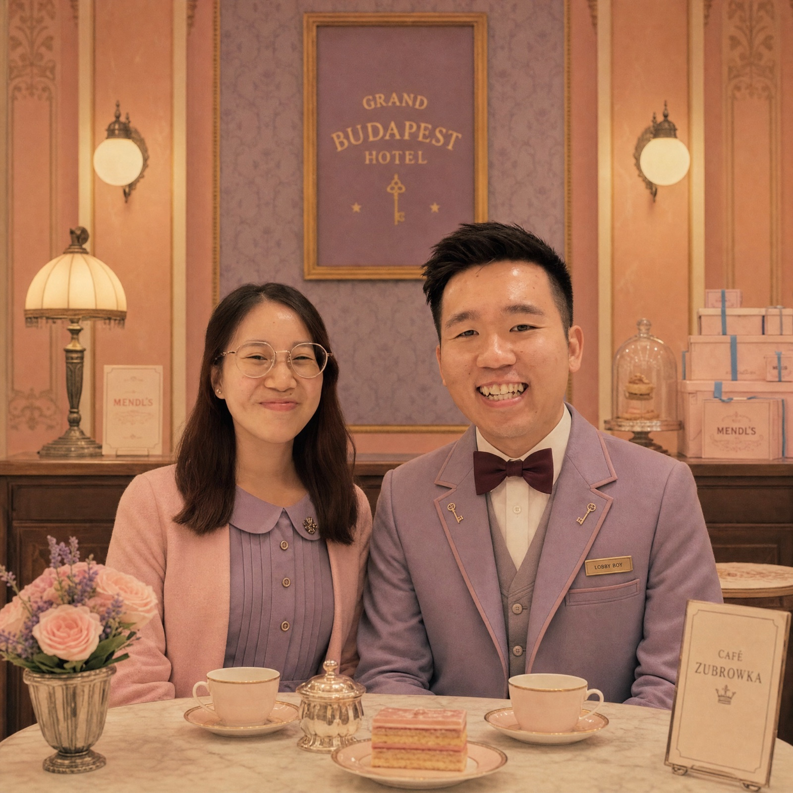 Eric and Germaine smiling together at a Grand Budapest-inspired cafe table for the invitation